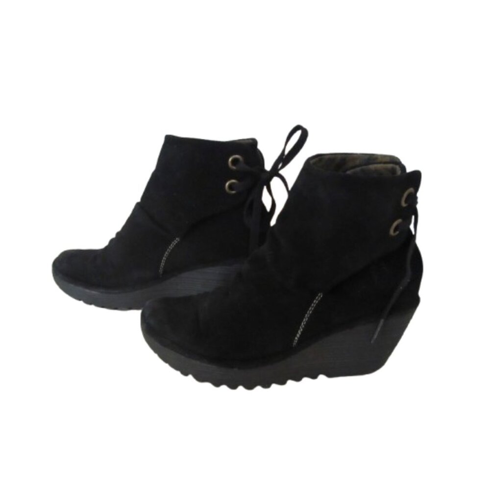 Fly London Yama Back Suede Wedge Ankle Lace Up Booties Size 37